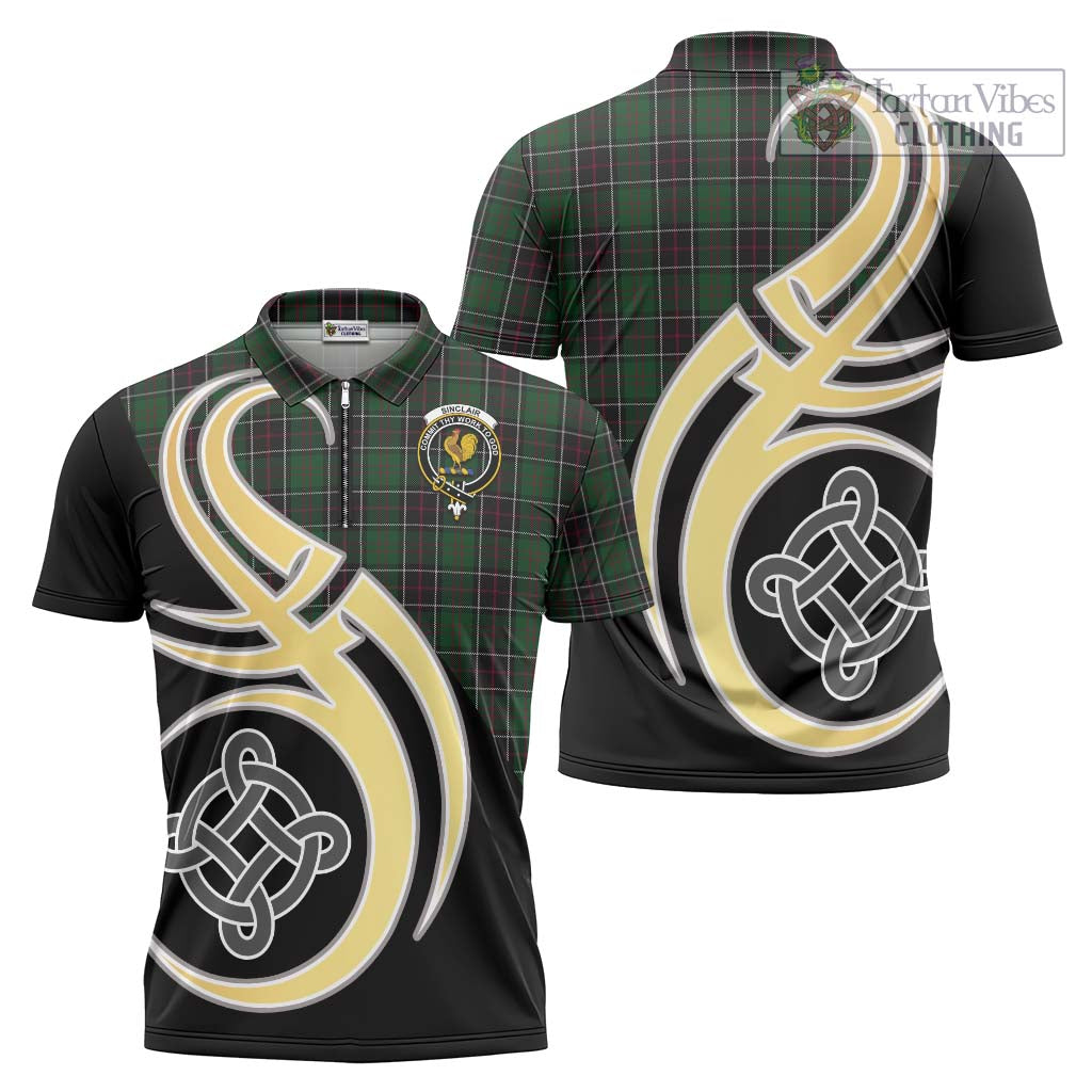 Tartan Vibes Clothing Sinclair Hunting Tartan Zipper Polo Shirt with Family Crest and Celtic Symbol Style