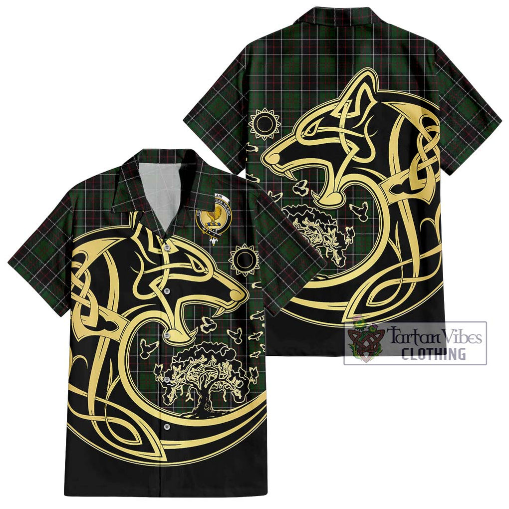 Sinclair Hunting Tartan Short Sleeve Button Shirt with Family Crest Celtic Wolf Style Kid - Tartan Vibes Clothing