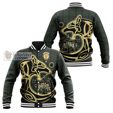 Sinclair Hunting Tartan Baseball Jacket with Family Crest Celtic Wolf Style
