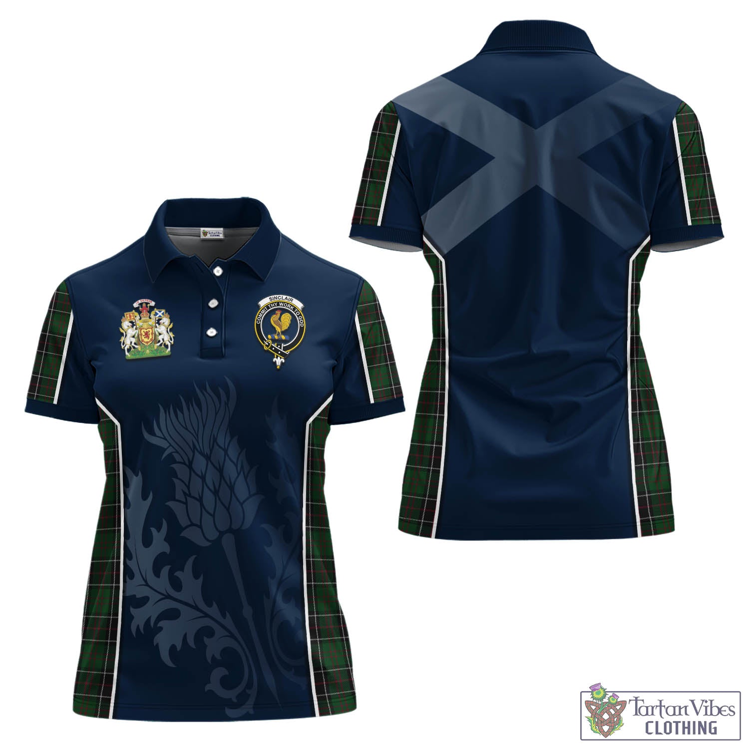 Tartan Vibes Clothing Sinclair Hunting Tartan Women's Polo Shirt with Family Crest and Scottish Thistle Vibes Sport Style