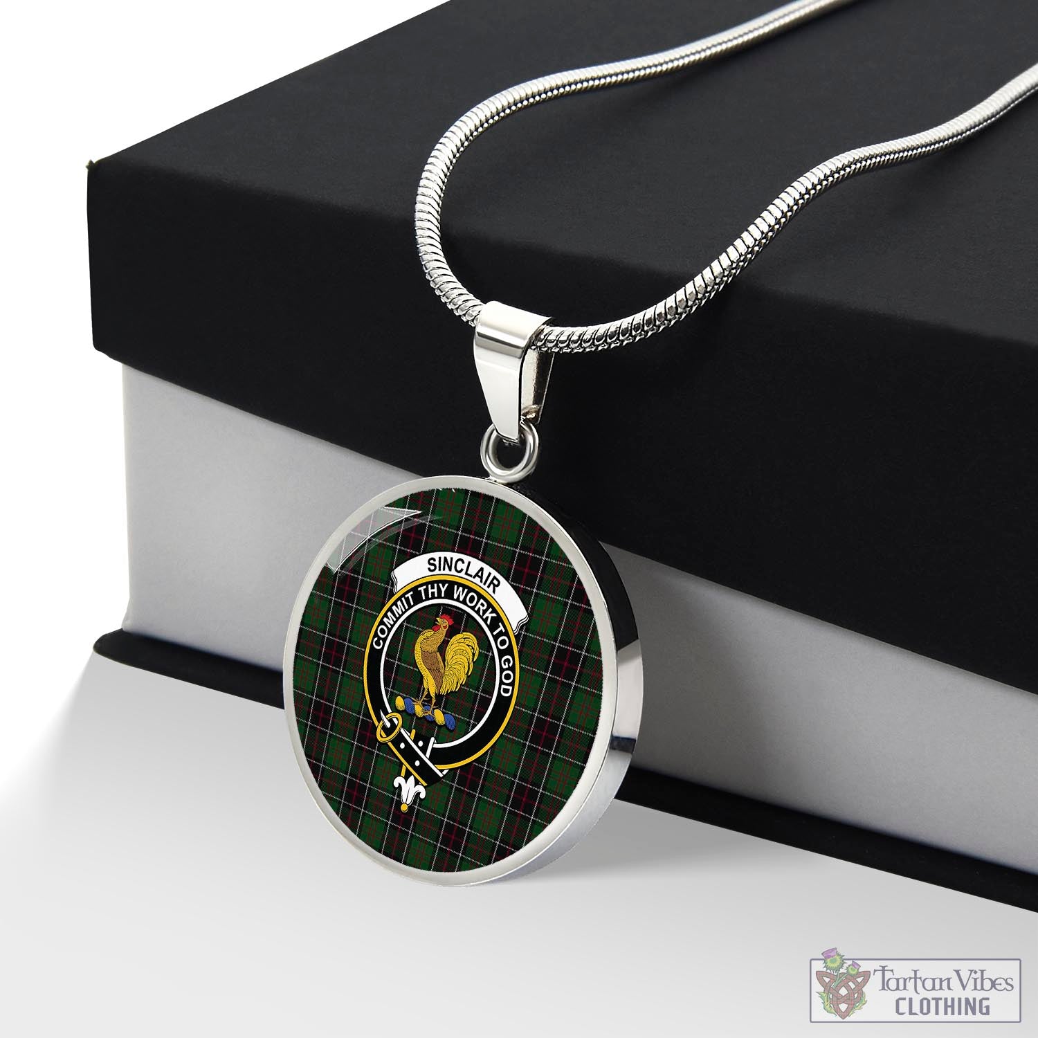 Tartan Vibes Clothing Sinclair Hunting Tartan Circle Necklace with Family Crest