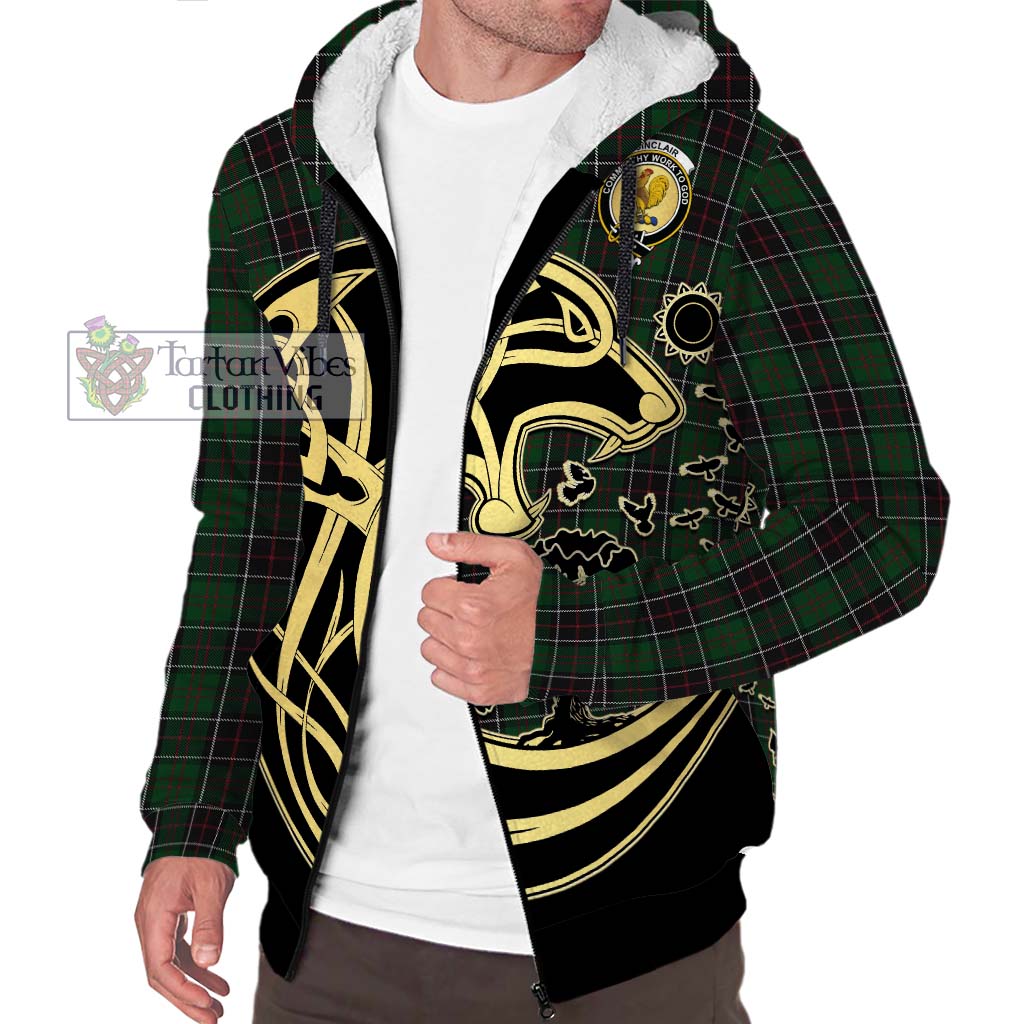 Tartan Vibes Clothing Sinclair Hunting Tartan Sherpa Hoodie with Family Crest Celtic Wolf Style