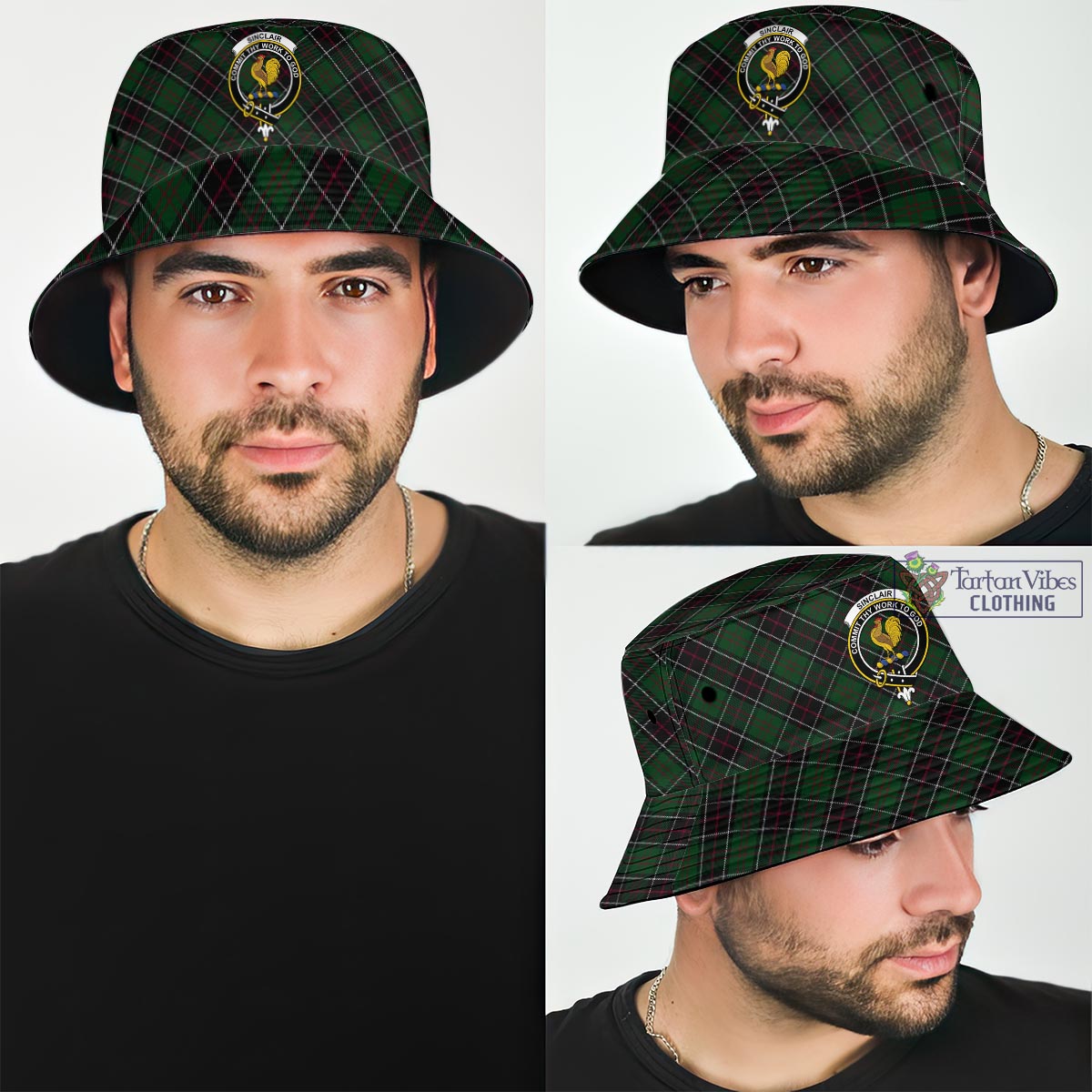 Tartan Vibes Clothing Sinclair Hunting Tartan Bucket Hat with Family Crest