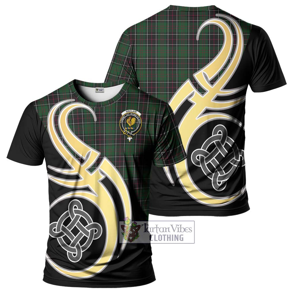 Tartan Vibes Clothing Sinclair Hunting Tartan T-Shirt with Family Crest and Celtic Symbol Style