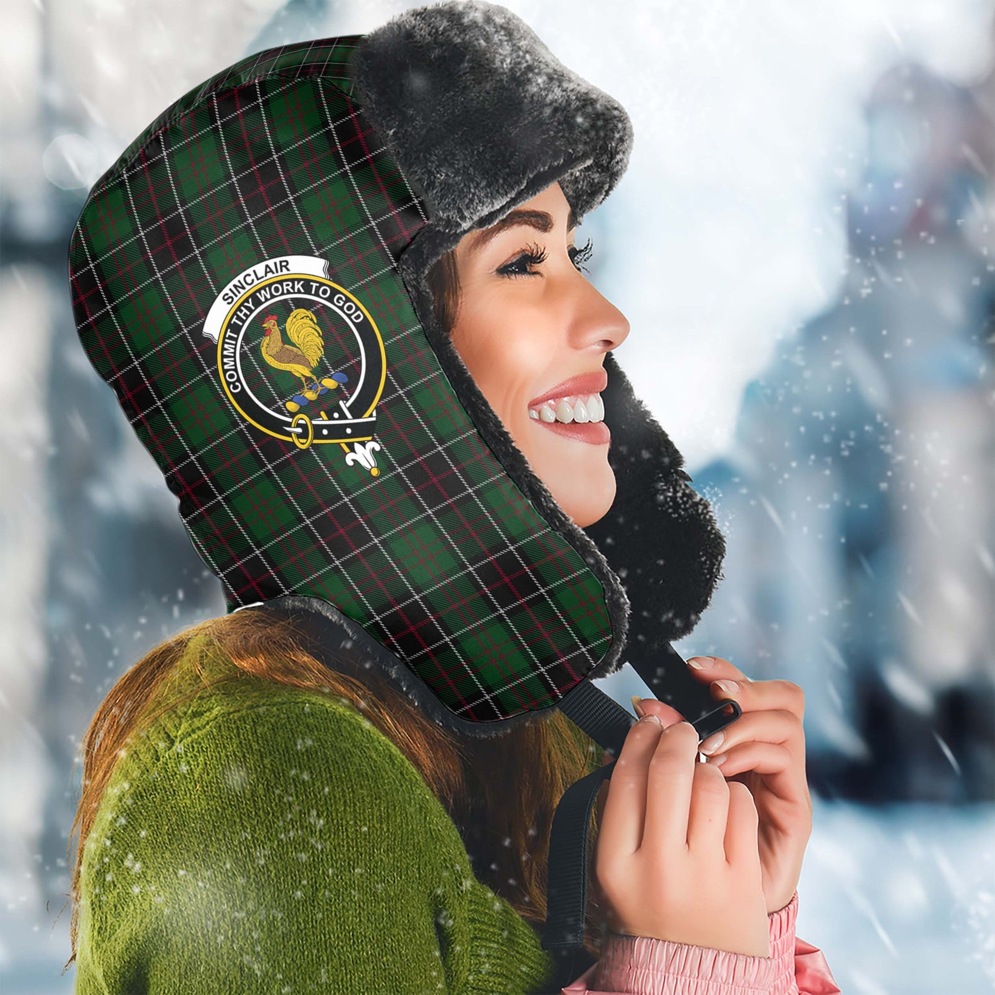Sinclair Hunting Tartan Winter Trapper Hat with Family Crest Winter Trapper Hat Universal Fit Circumference 22.8in (58cm) - Tartanvibesclothing