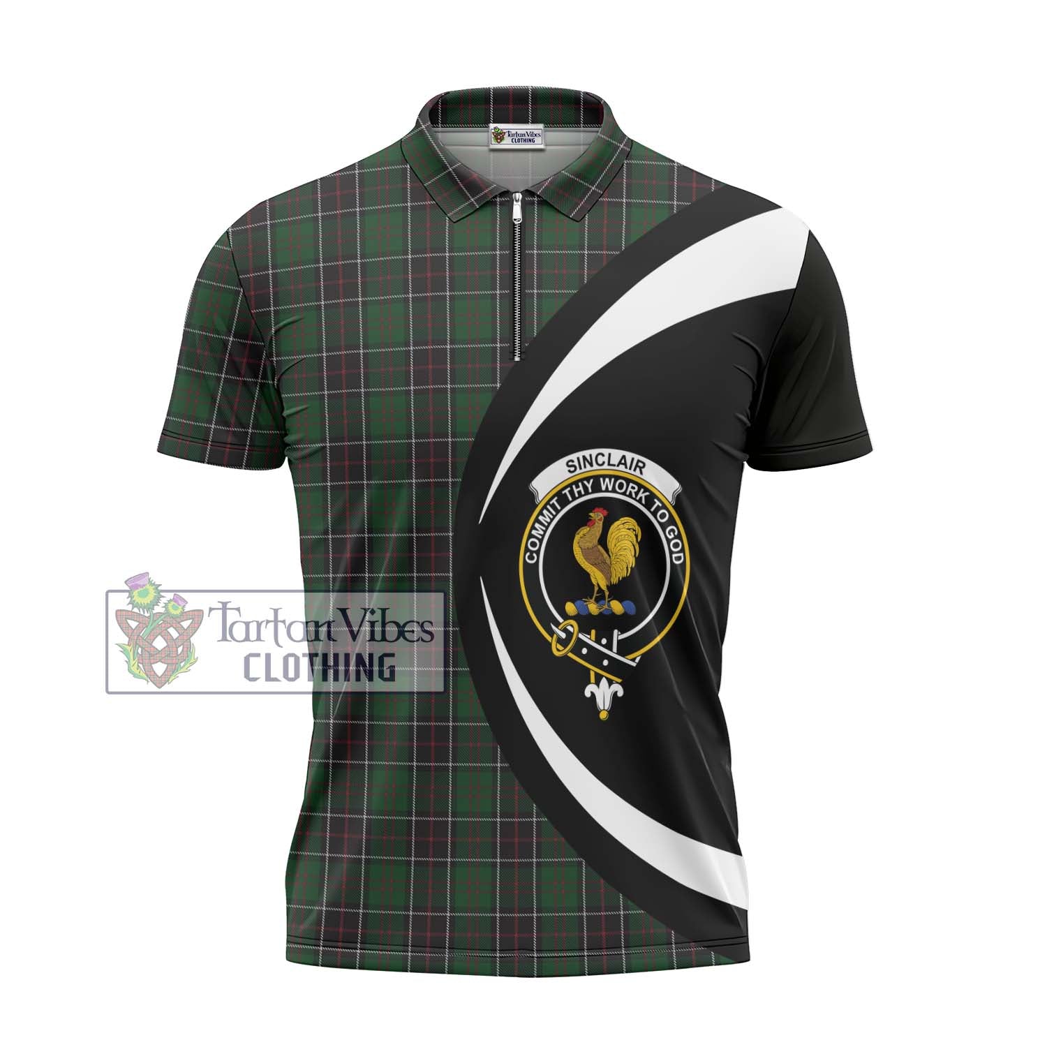 Tartan Vibes Clothing Sinclair Hunting Tartan Zipper Polo Shirt with Family Crest Circle Style