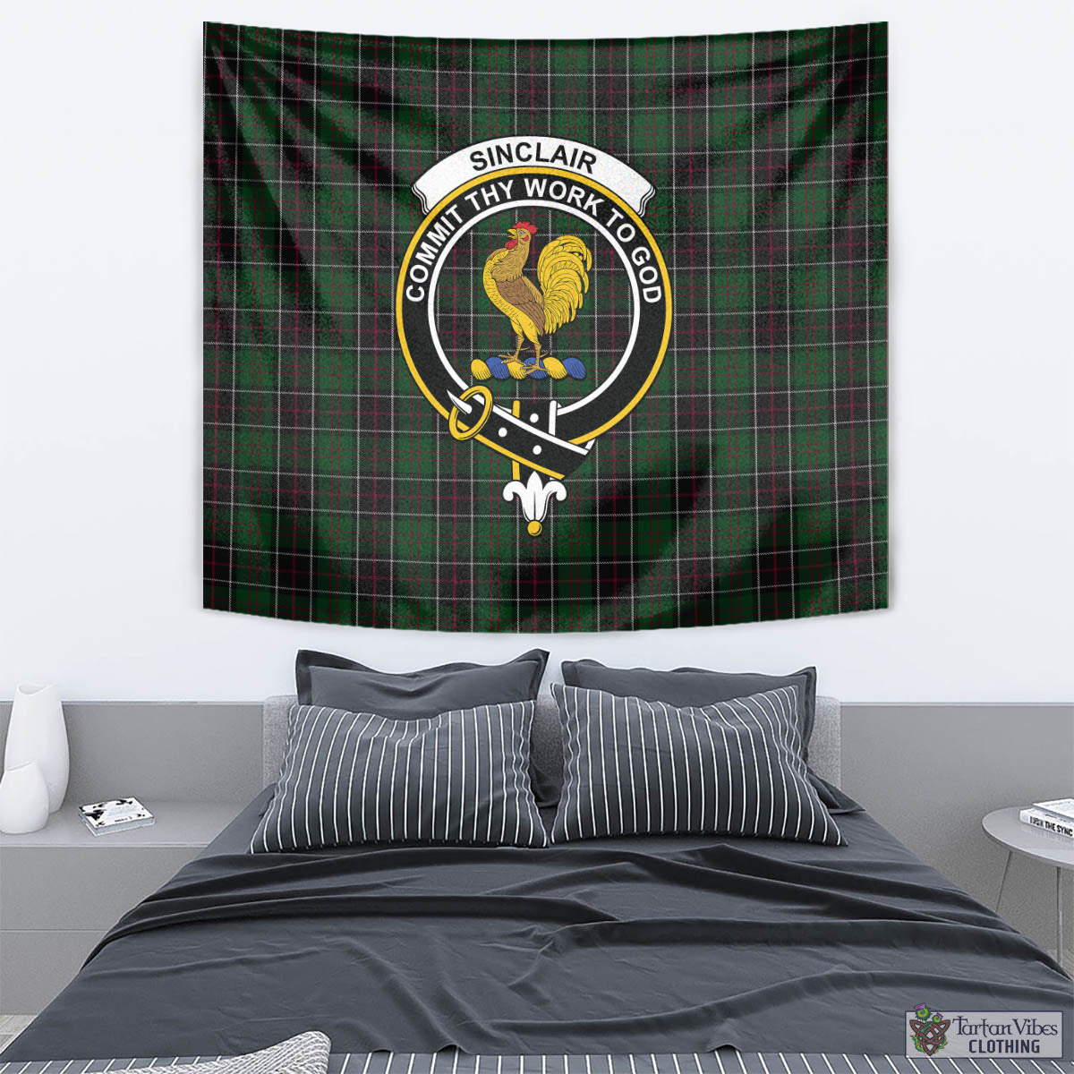 Tartan Vibes Clothing Sinclair Hunting Tartan Tapestry Wall Hanging and Home Decor for Room with Family Crest