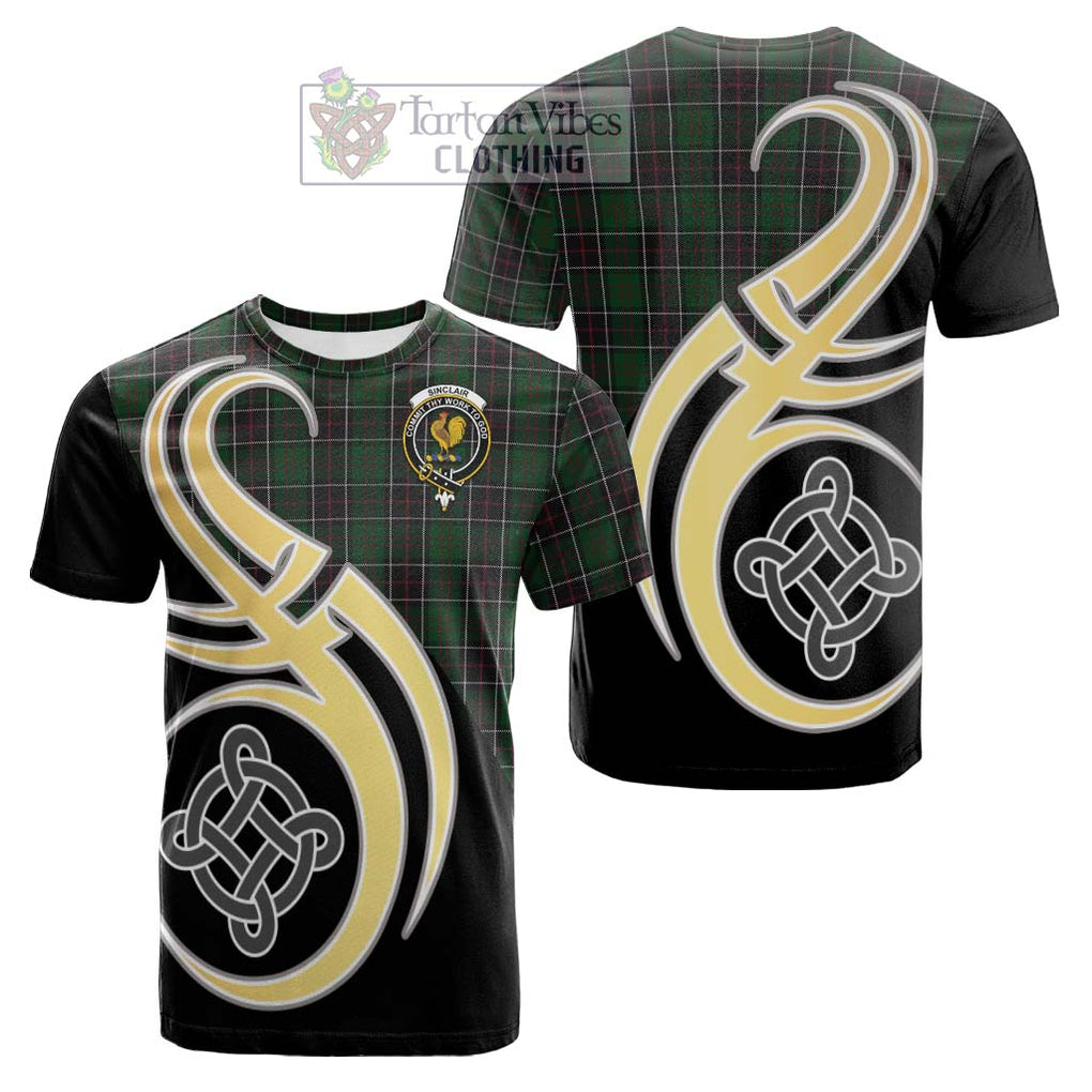 Tartan Vibes Clothing Sinclair Hunting Tartan Cotton T-shirt with Family Crest and Celtic Symbol Style