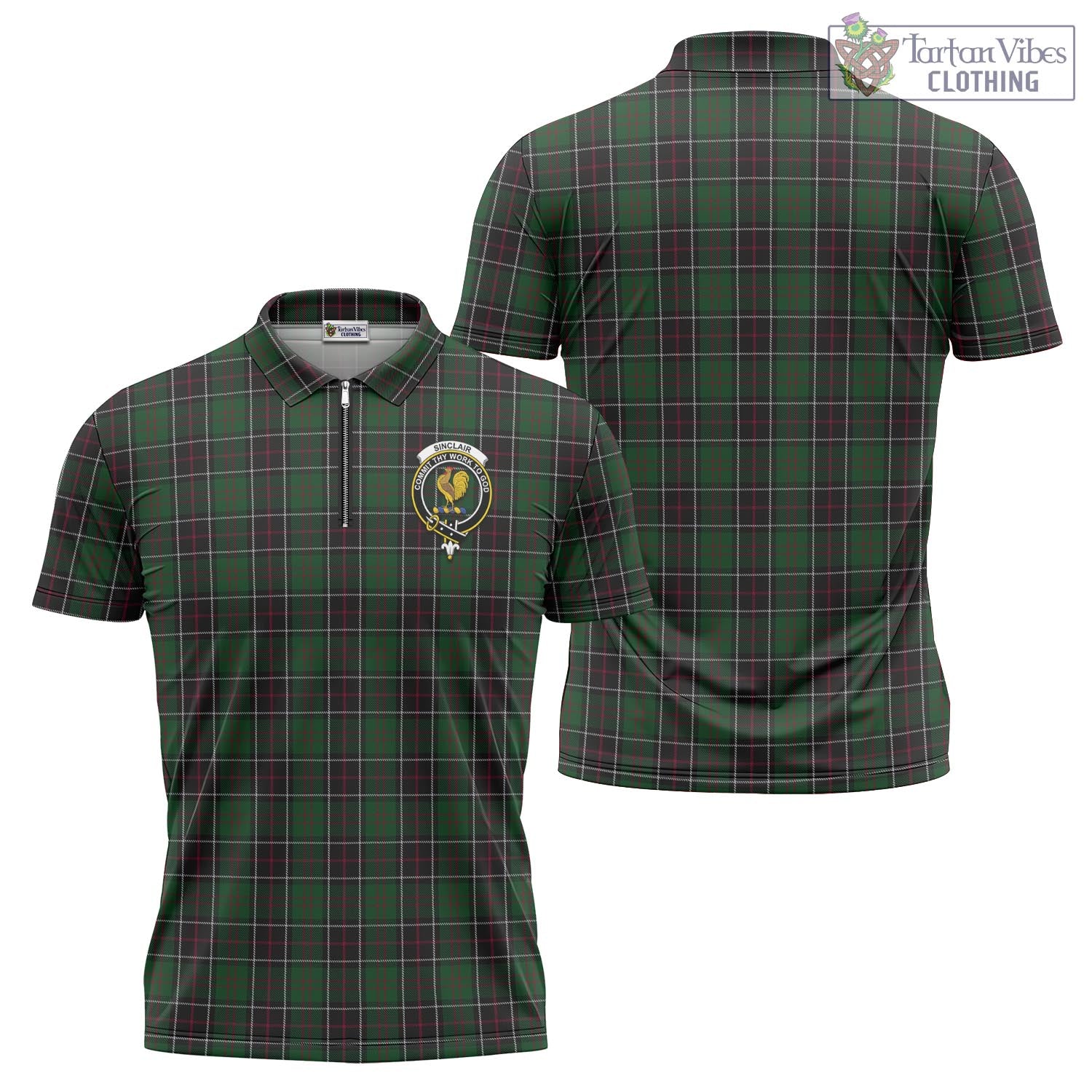 Tartan Vibes Clothing Sinclair Hunting Tartan Zipper Polo Shirt with Family Crest