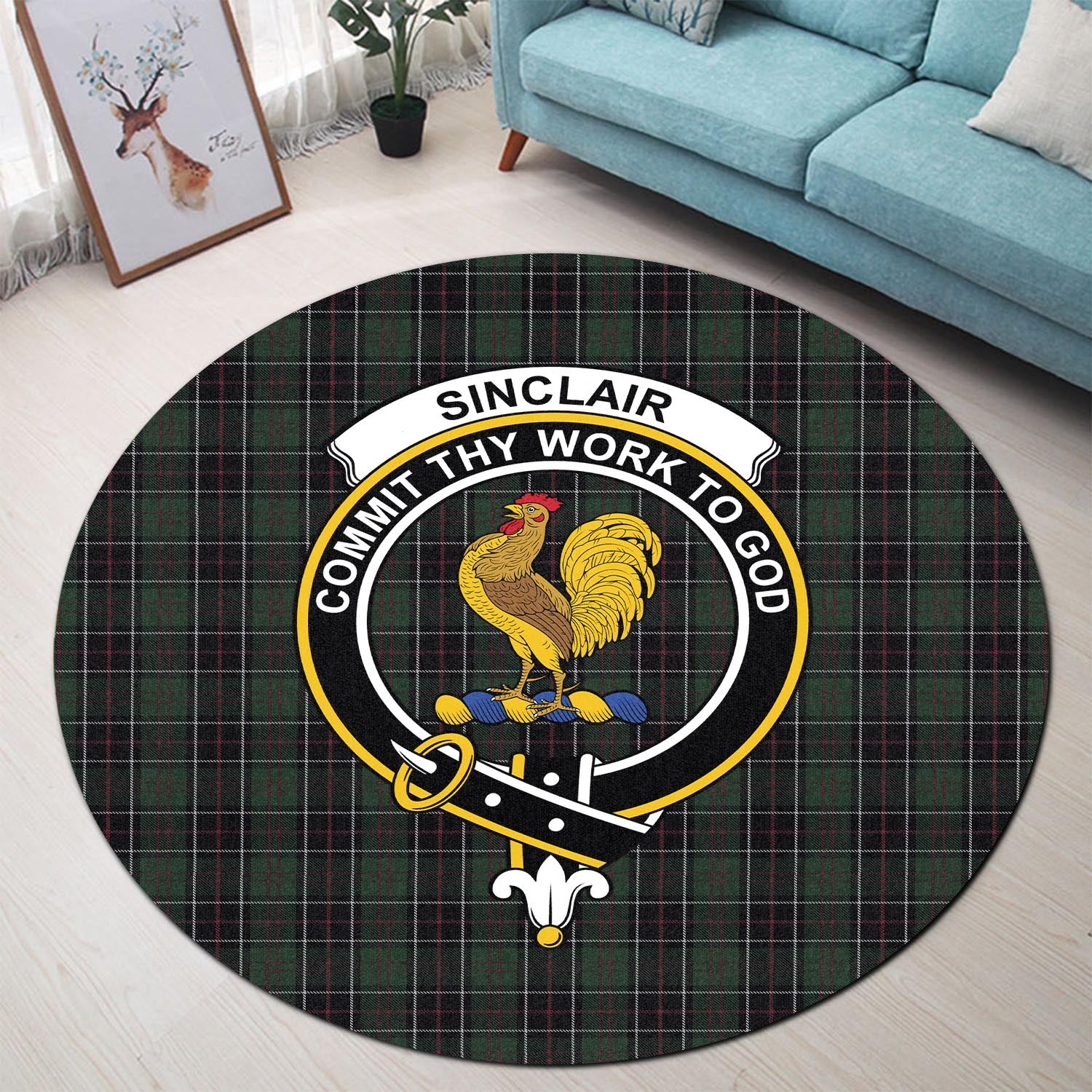 sinclair-hunting-tartan-round-rug-with-family-crest