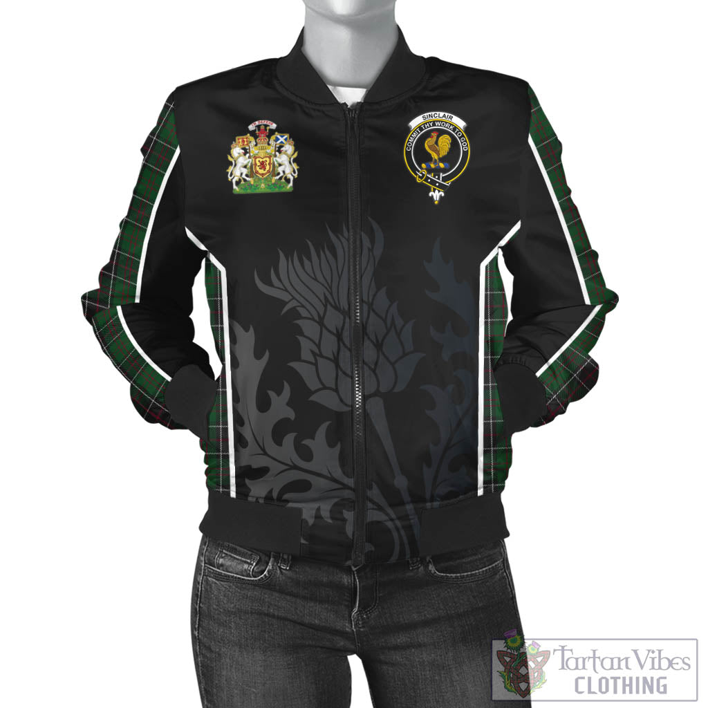Tartan Vibes Clothing Sinclair Hunting Tartan Bomber Jacket with Family Crest and Scottish Thistle Vibes Sport Style