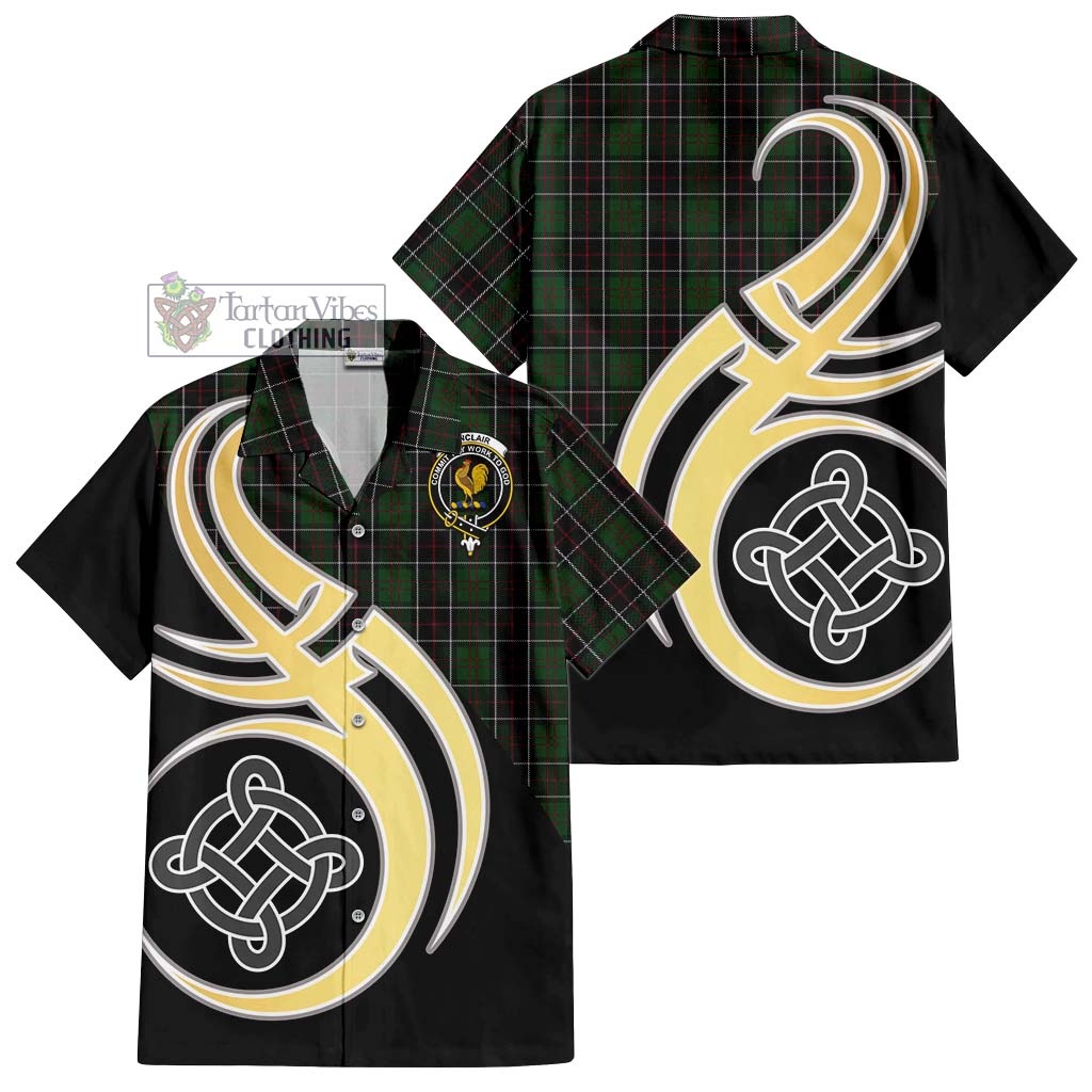 Sinclair Hunting Tartan Short Sleeve Button Shirt with Family Crest and Celtic Symbol Style - Tartan Vibes Clothing