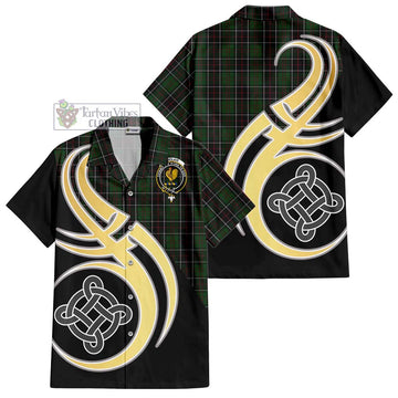 Sinclair Hunting Tartan Short Sleeve Button Shirt with Family Crest and Celtic Symbol Style