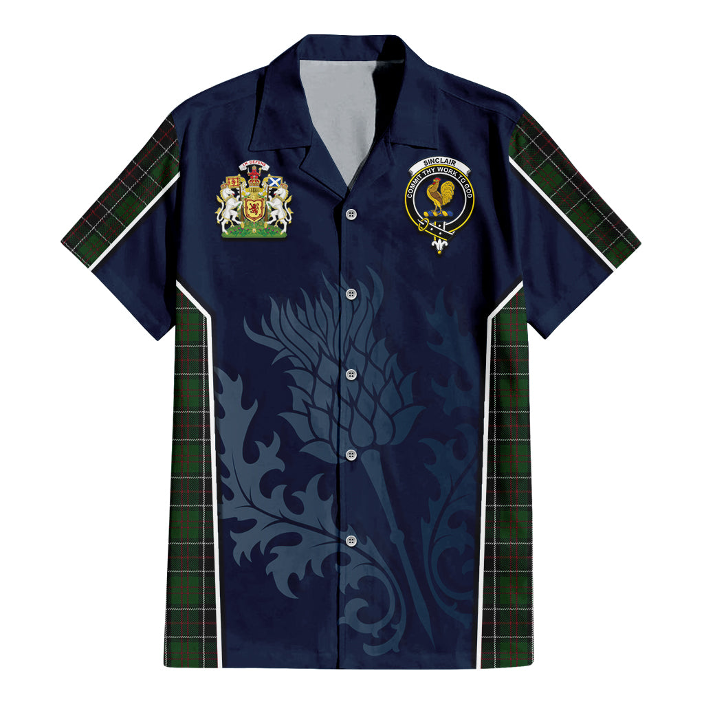 Tartan Vibes Clothing Sinclair Hunting Tartan Short Sleeve Button Up Shirt with Family Crest and Scottish Thistle Vibes Sport Style