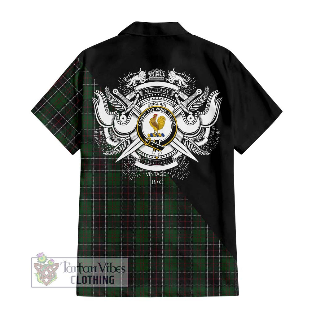 Sinclair Hunting Tartan Short Sleeve Button Shirt with Family Crest and Military Logo Style - Tartanvibesclothing Shop