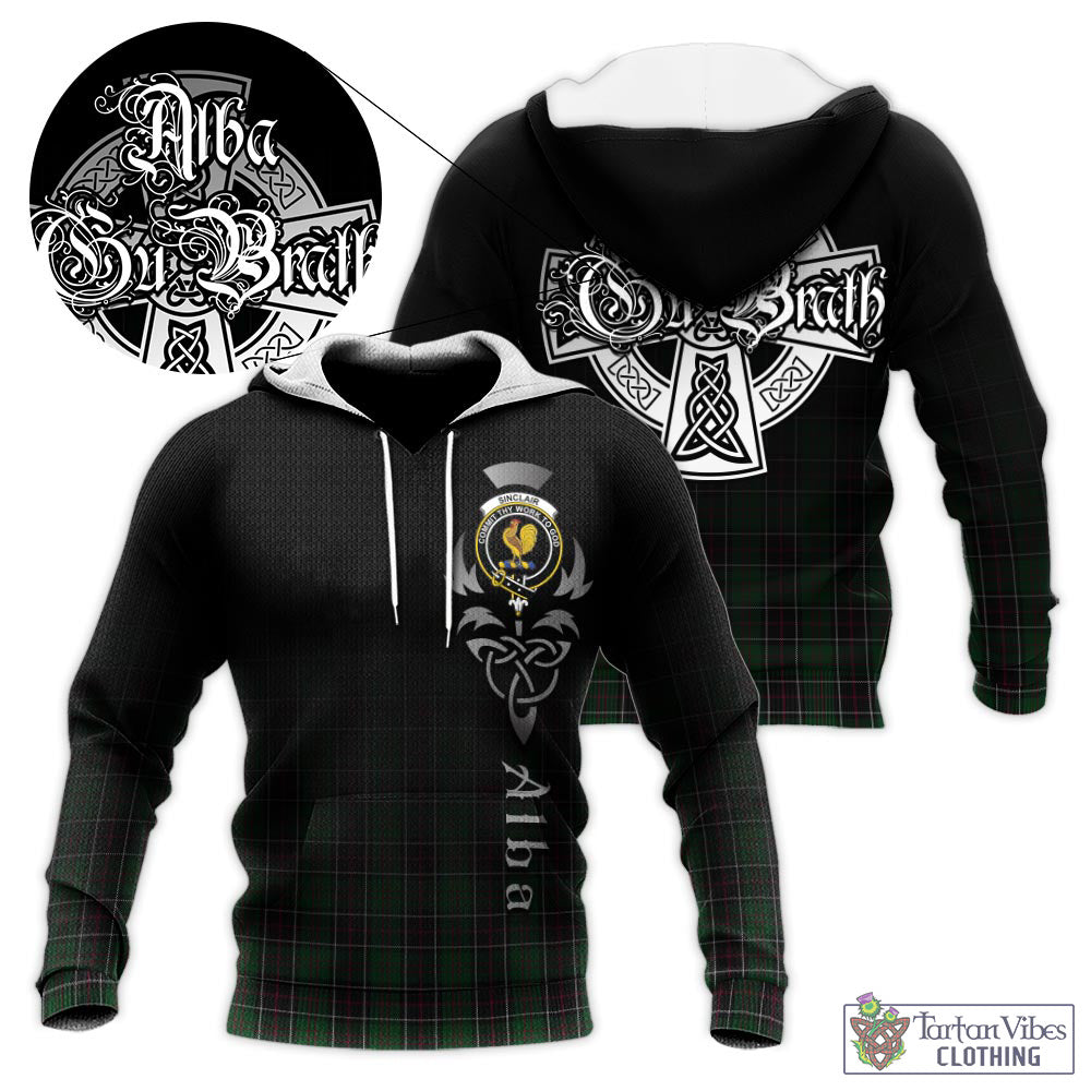 Tartan Vibes Clothing Sinclair Hunting Tartan Knitted Hoodie Featuring Alba Gu Brath Family Crest Celtic Inspired