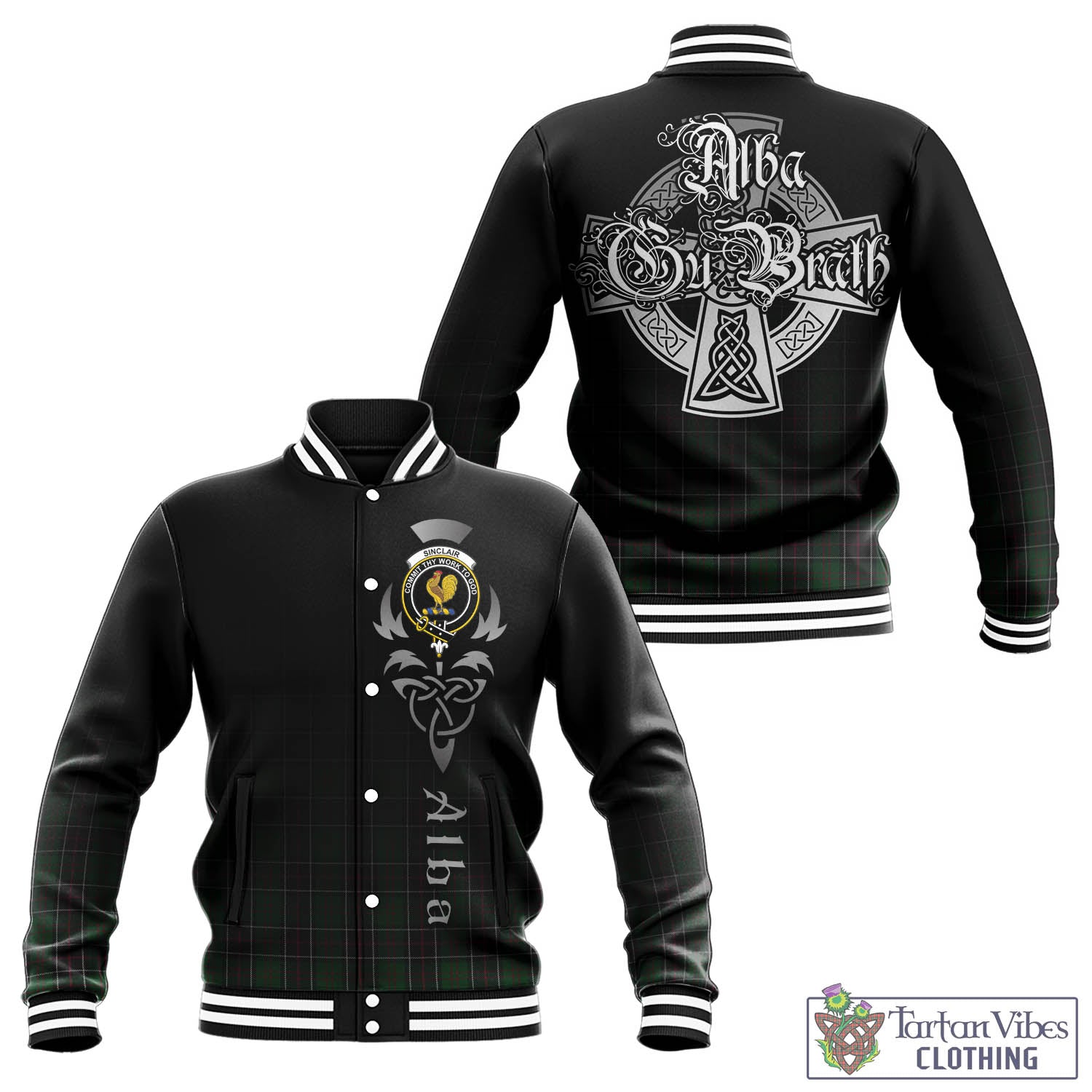 Tartan Vibes Clothing Sinclair Hunting Tartan Baseball Jacket Featuring Alba Gu Brath Family Crest Celtic Inspired