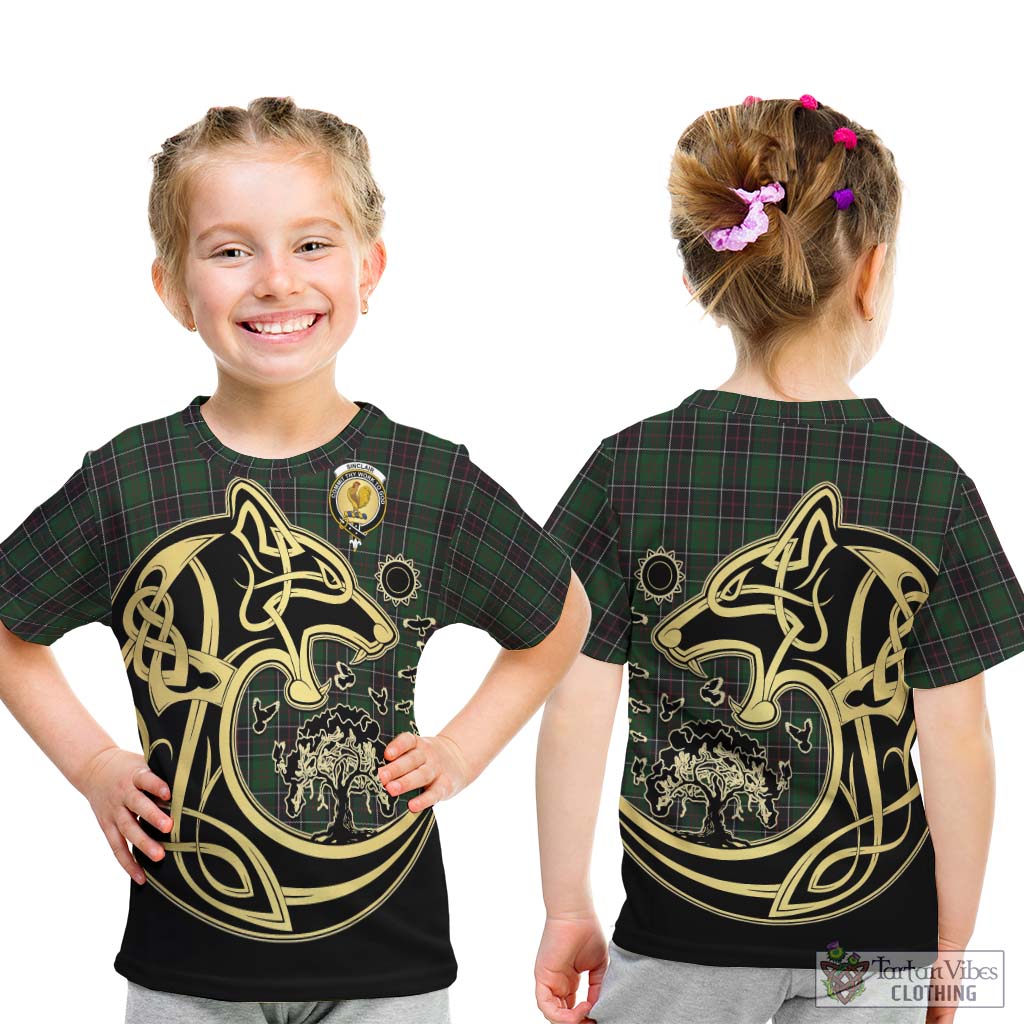 Tartan Vibes Clothing Sinclair Hunting Tartan Kid T-Shirt with Family Crest Celtic Wolf Style