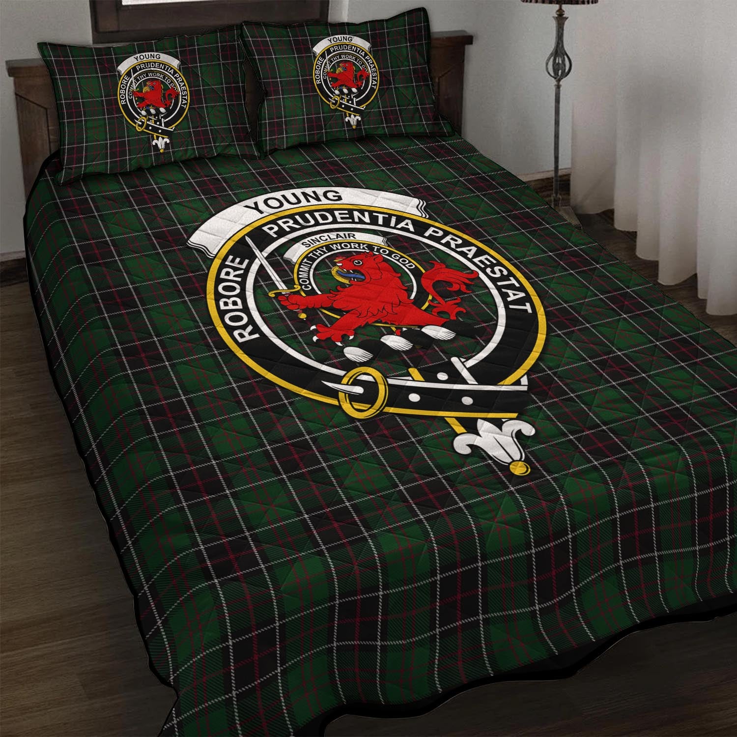 Sinclair Hunting Tartan Quilt Bed Set with Family Crest - Tartanvibesclothing Shop