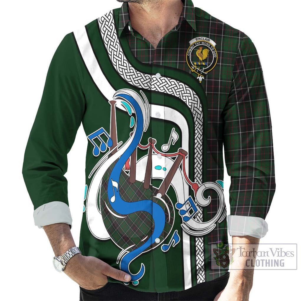 Sinclair Hunting Tartan Long Sleeve Button Shirt with Epic Bagpipe Style - Tartanvibesclothing Shop