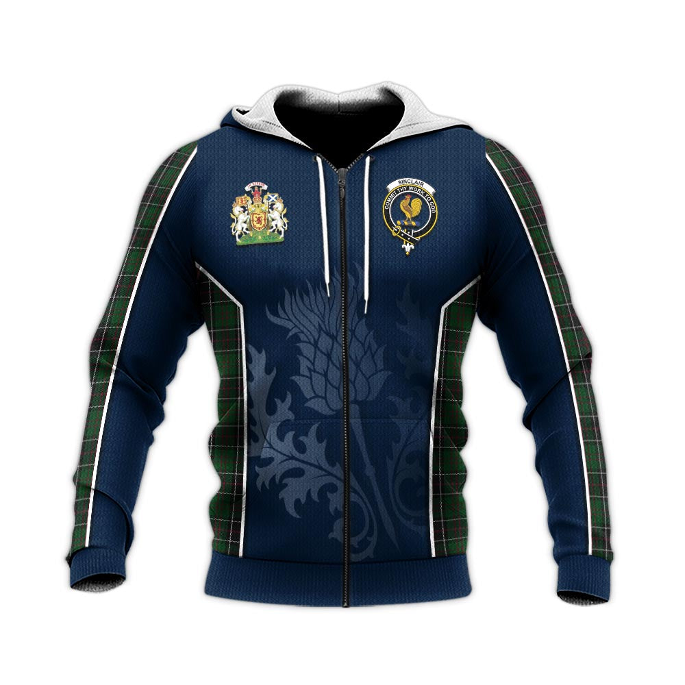 Tartan Vibes Clothing Sinclair Hunting Tartan Knitted Hoodie with Family Crest and Scottish Thistle Vibes Sport Style