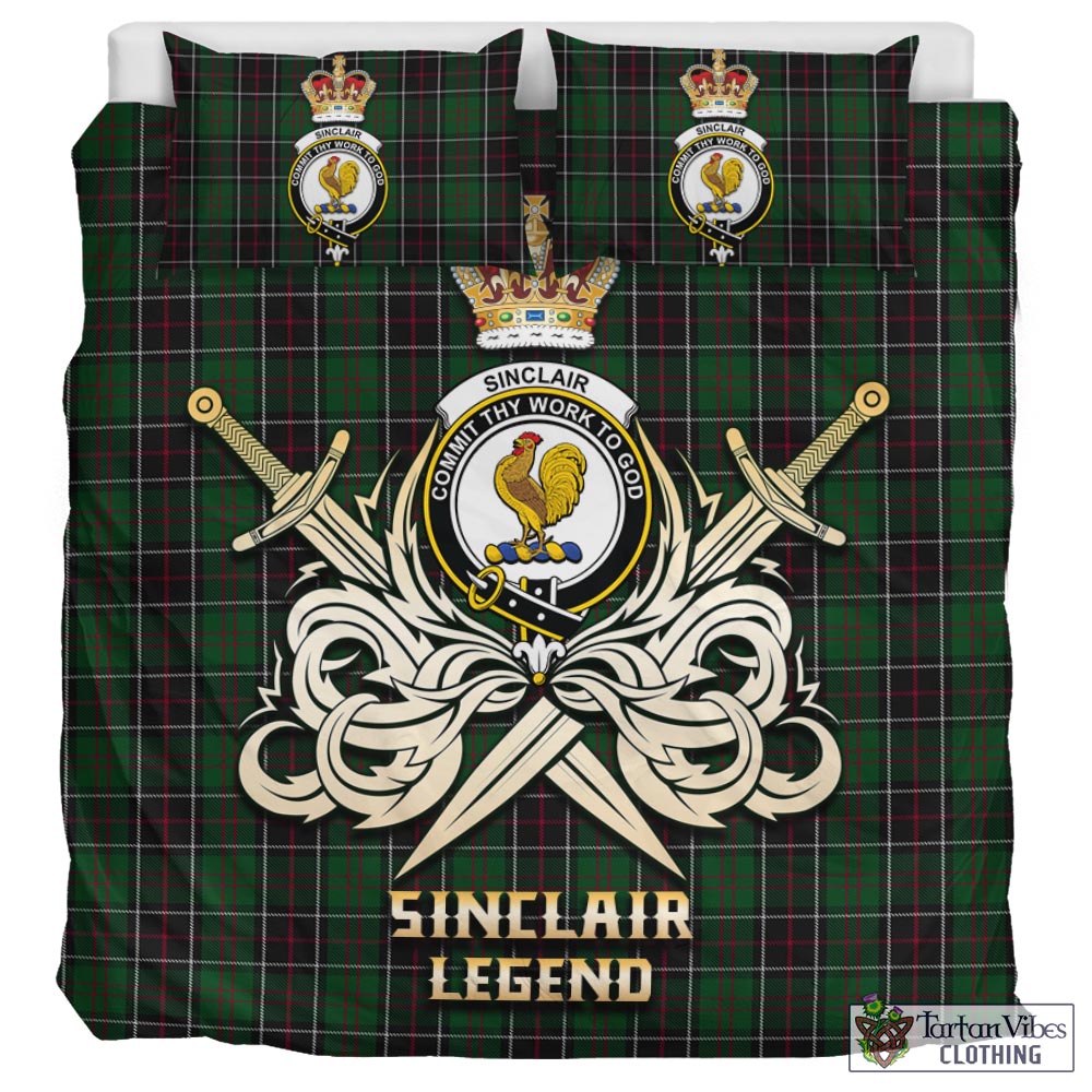 Tartan Vibes Clothing Sinclair Hunting Tartan Bedding Set with Clan Crest and the Golden Sword of Courageous Legacy