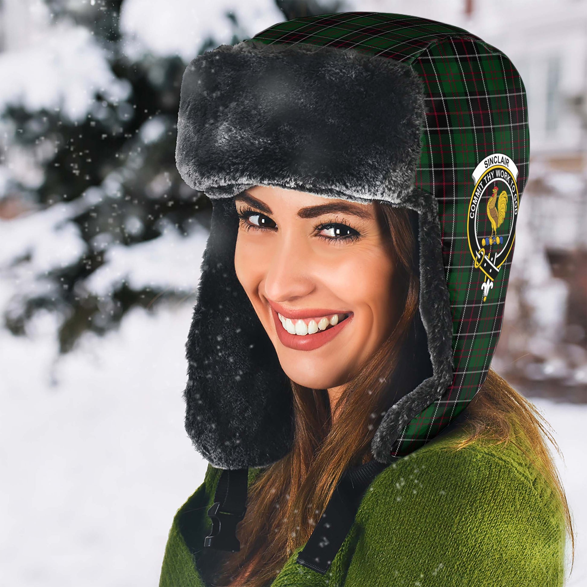 Sinclair Hunting Tartan Winter Trapper Hat with Family Crest - Tartanvibesclothing