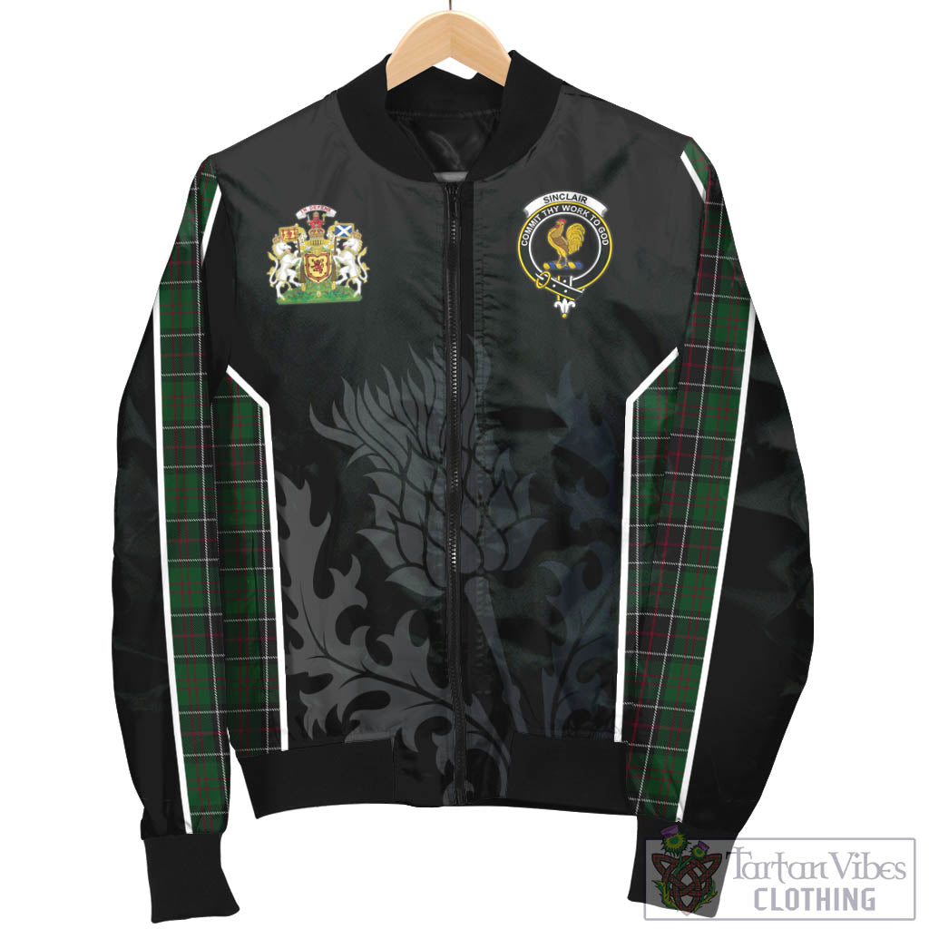 Tartan Vibes Clothing Sinclair Hunting Tartan Bomber Jacket with Family Crest and Scottish Thistle Vibes Sport Style