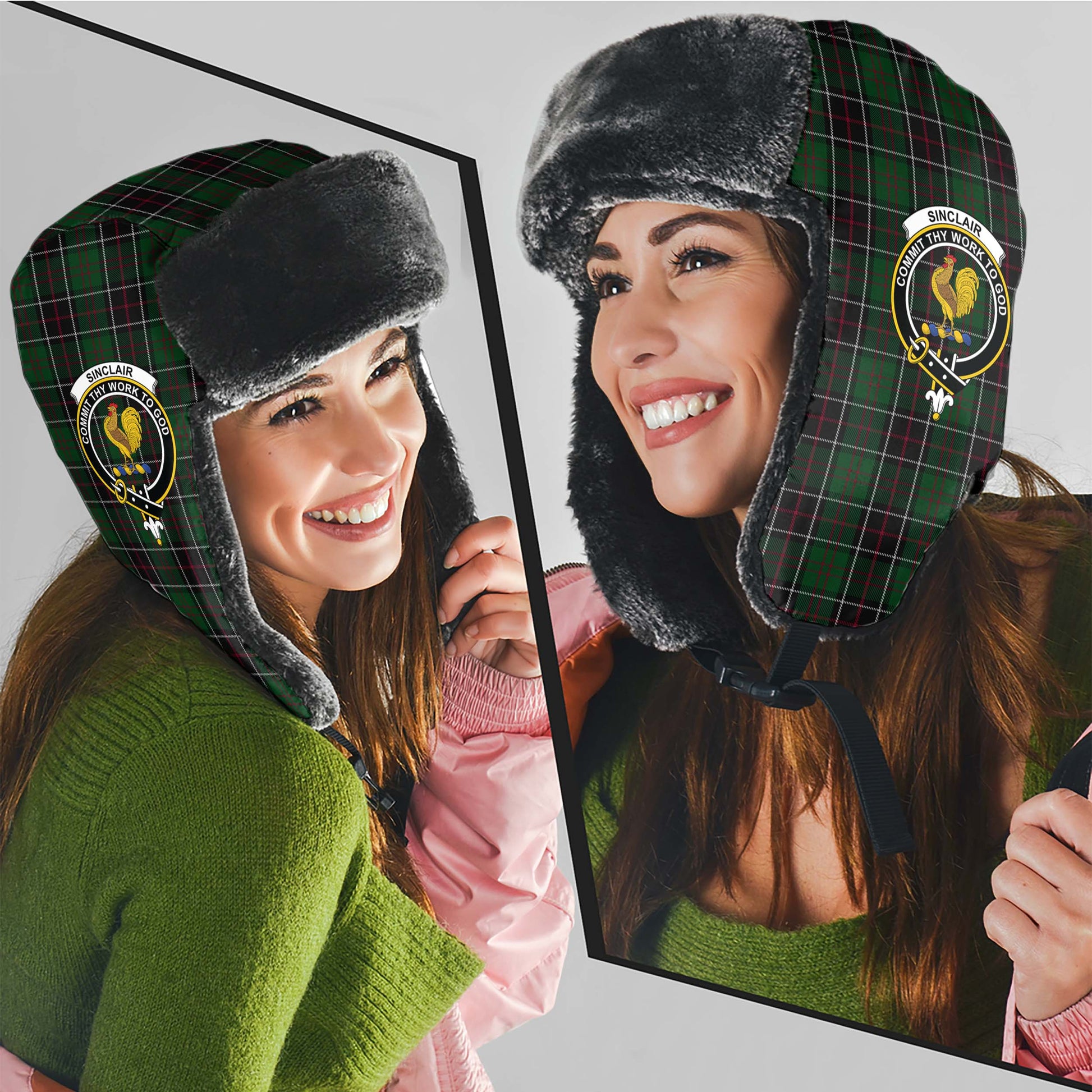 Sinclair Hunting Tartan Winter Trapper Hat with Family Crest - Tartanvibesclothing