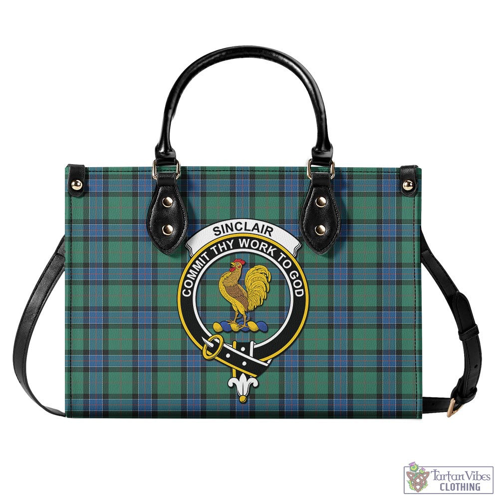 Tartan Vibes Clothing Sinclair Hunting Ancient Tartan Luxury Leather Handbags with Family Crest