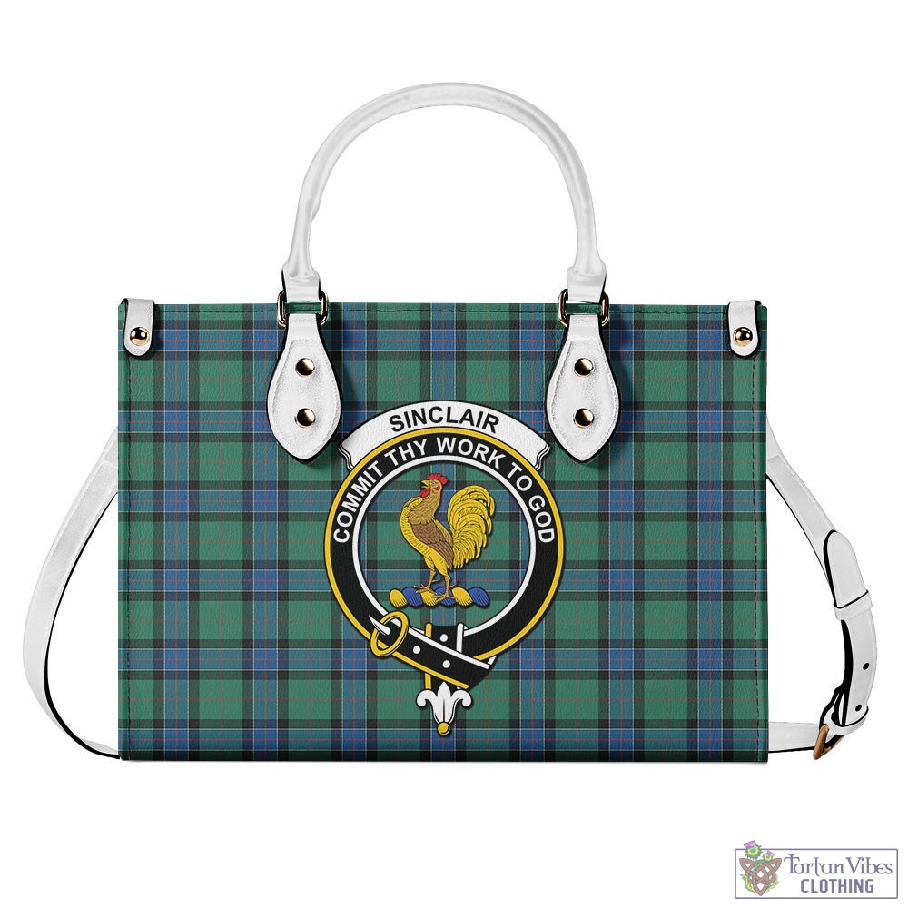 Tartan Vibes Clothing Sinclair Hunting Ancient Tartan Luxury Leather Handbags with Family Crest