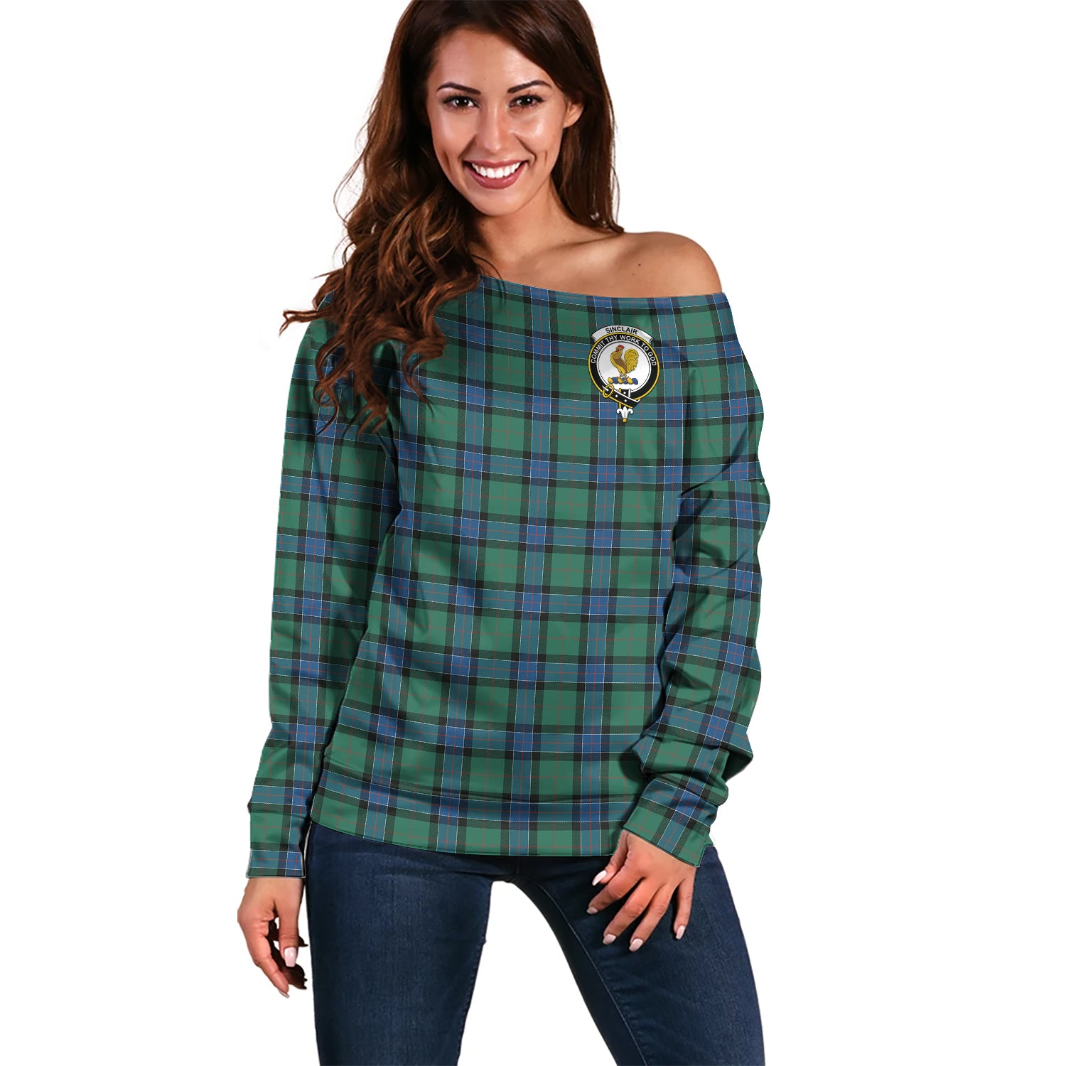 Sinclair Hunting Ancient Tartan Off Shoulder Women Sweater with Family Crest Women - Tartanvibesclothing Shop