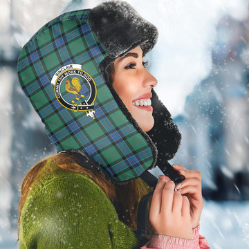 Sinclair Hunting Ancient Tartan Winter Trapper Hat with Family Crest