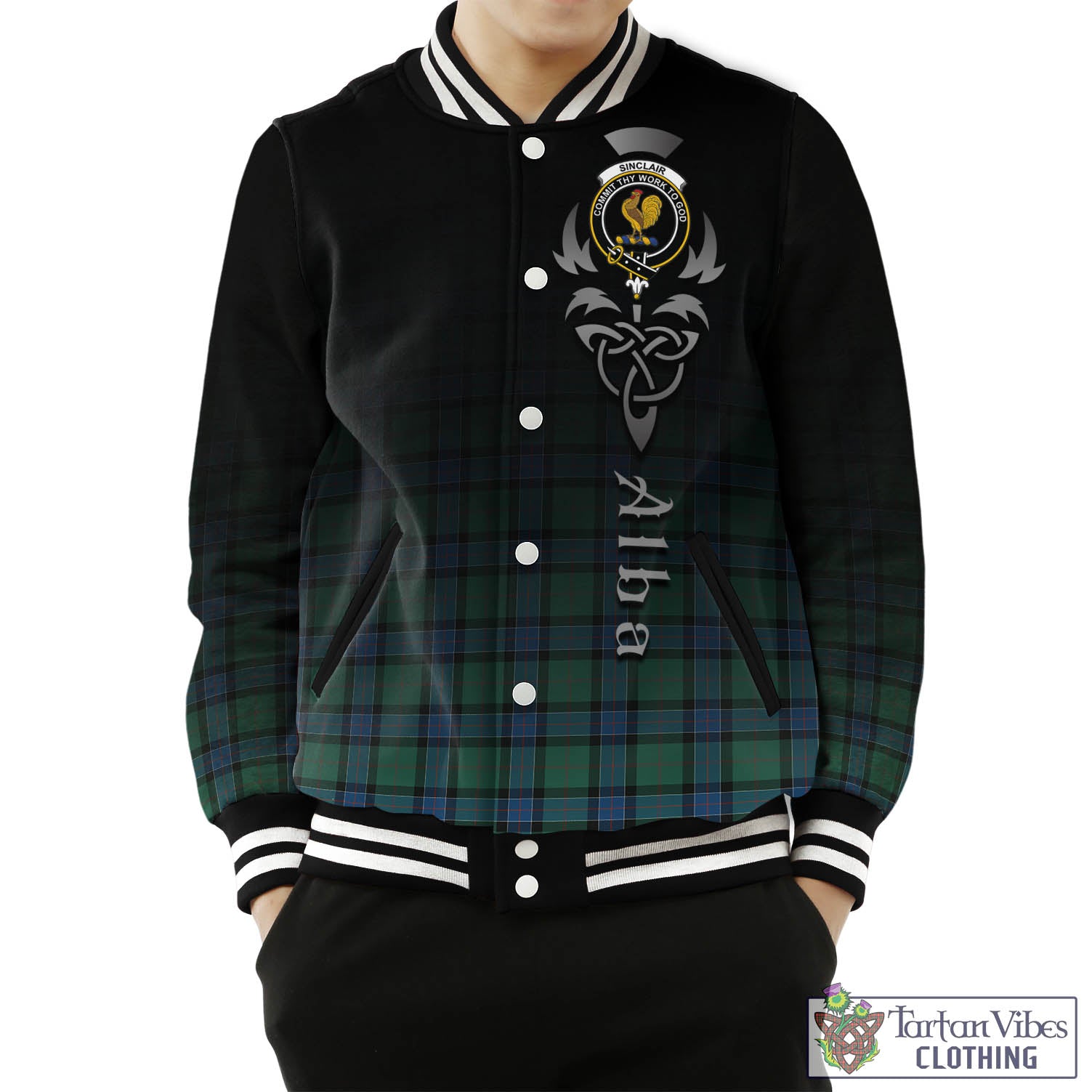 Tartan Vibes Clothing Sinclair Hunting Ancient Tartan Baseball Jacket Featuring Alba Gu Brath Family Crest Celtic Inspired