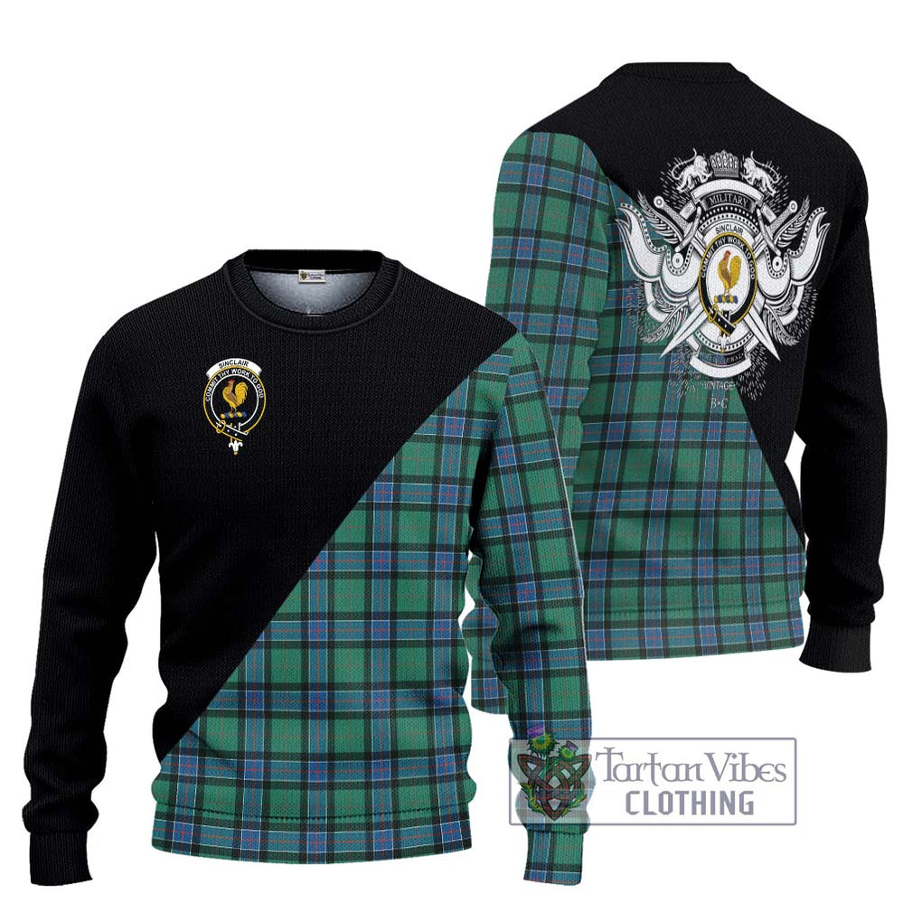 Sinclair Hunting Ancient Tartan Knitted Sweater with Family Crest and Military Logo Style Unisex - Tartanvibesclothing Shop