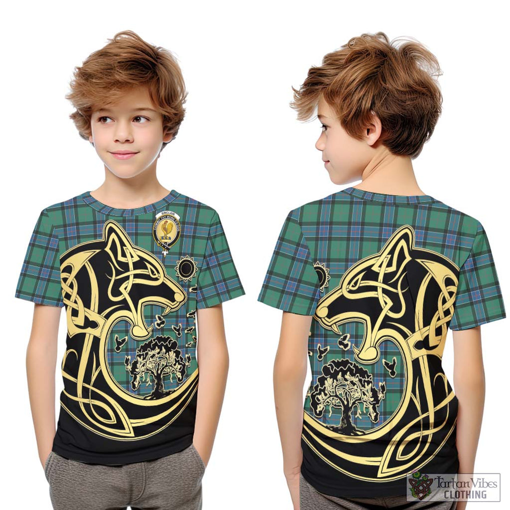 Sinclair Hunting Ancient Tartan Kid T-Shirt with Family Crest Celtic Wolf Style Youth XL Size14 - Tartan Vibes Clothing