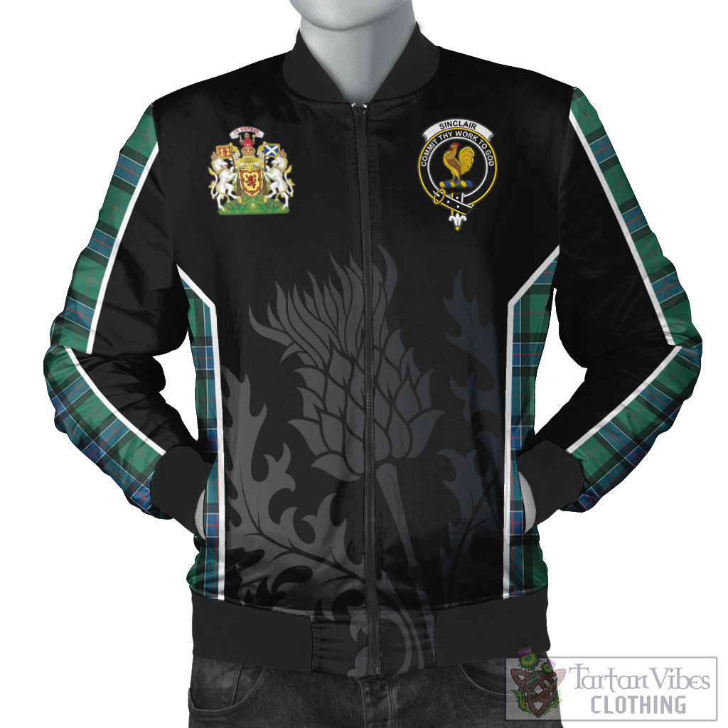 Tartan Vibes Clothing Sinclair Hunting Ancient Tartan Bomber Jacket with Family Crest and Scottish Thistle Vibes Sport Style