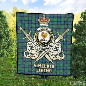 Sinclair Hunting Ancient Tartan Quilt with Clan Crest and the Golden Sword of Courageous Legacy