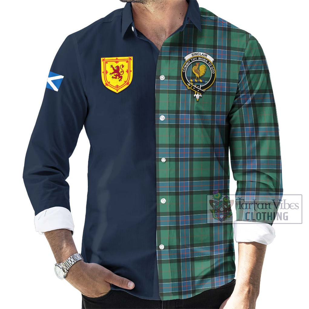 Tartan Vibes Clothing Sinclair Hunting Ancient Tartan Long Sleeve Button Shirt with Scottish Lion Royal Arm Half Style