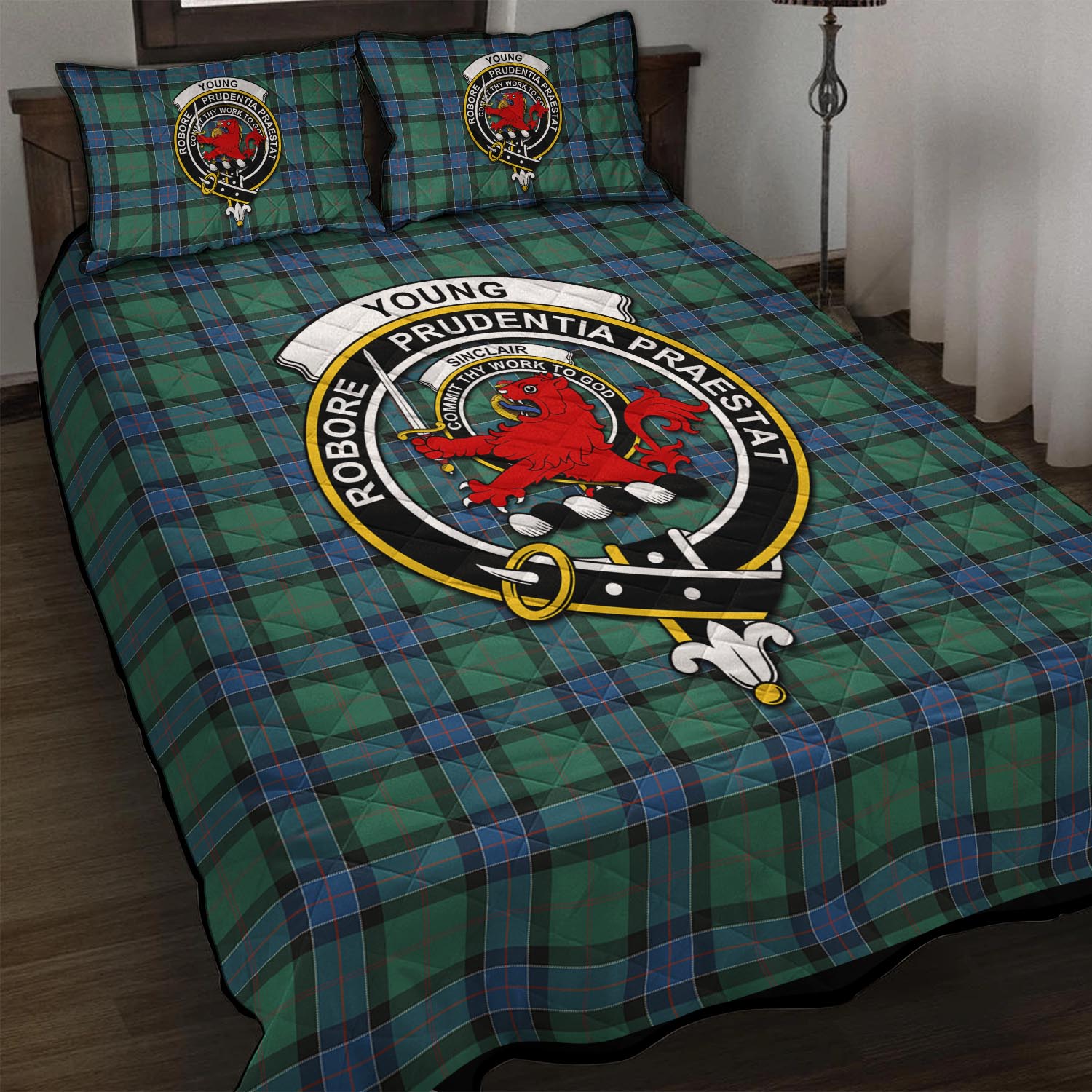 Sinclair Hunting Ancient Tartan Quilt Bed Set with Family Crest - Tartan Vibes Clothing