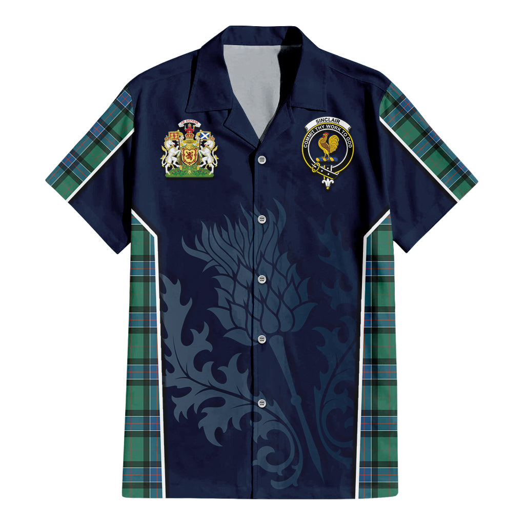 Tartan Vibes Clothing Sinclair Hunting Ancient Tartan Short Sleeve Button Up Shirt with Family Crest and Scottish Thistle Vibes Sport Style