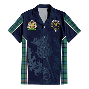 Sinclair Hunting Ancient Tartan Short Sleeve Button Up Shirt with Family Crest and Scottish Thistle Vibes Sport Style