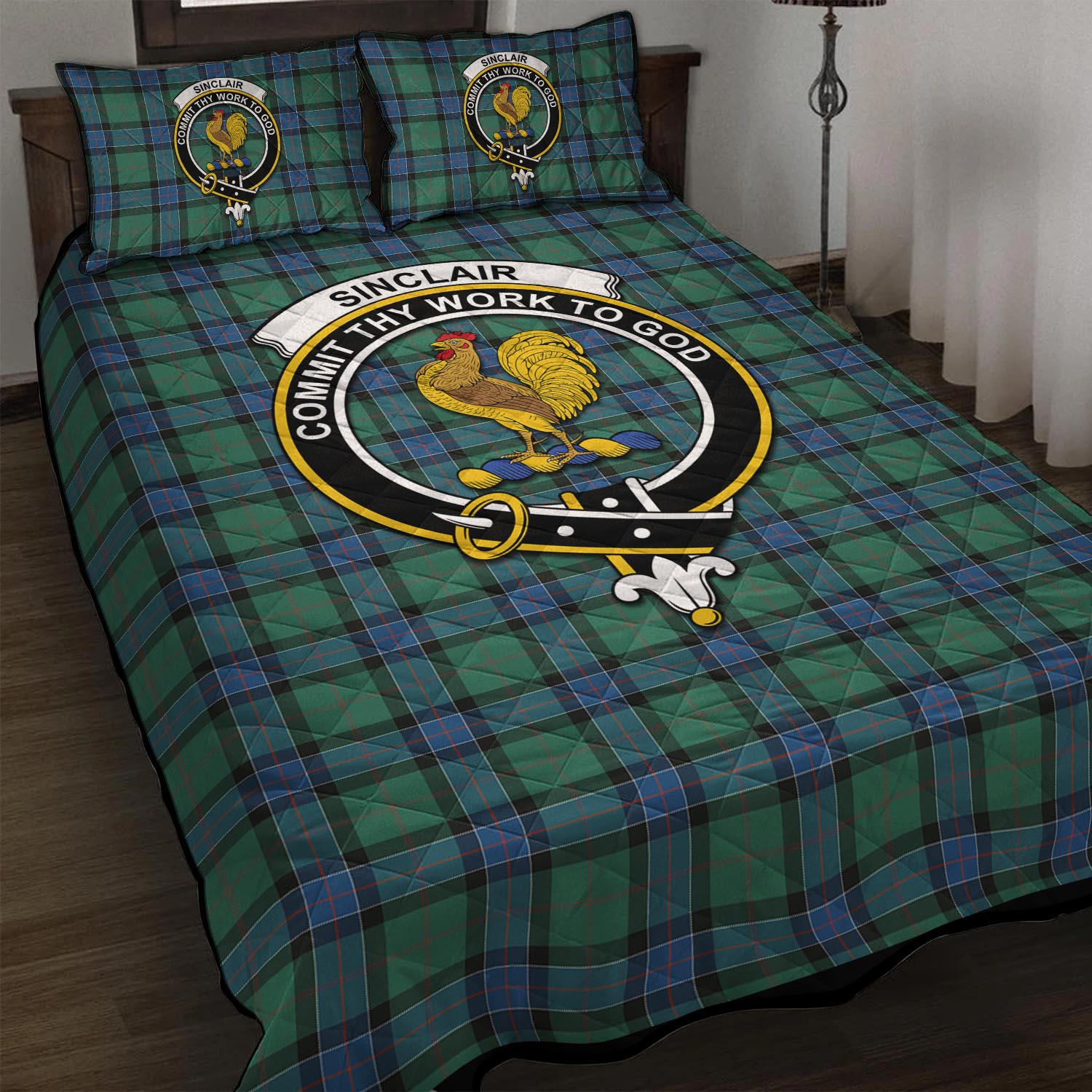 Sinclair Hunting Ancient Tartan Quilt Bed Set with Family Crest - Tartan Vibes Clothing