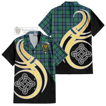 Sinclair Hunting Ancient Tartan Short Sleeve Button Shirt with Family Crest and Celtic Symbol Style