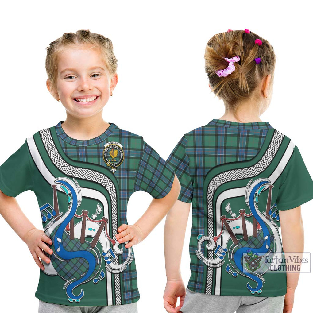 Tartan Vibes Clothing Sinclair Hunting Ancient Tartan Kid T-Shirt with Epic Bagpipe Style