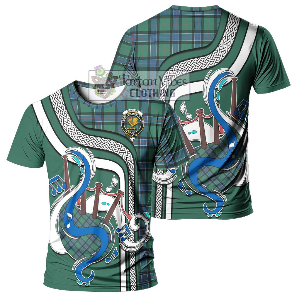 Sinclair Hunting Ancient Tartan T-Shirt with Epic Bagpipe Style - Tartanvibesclothing Shop