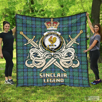 Sinclair Hunting Ancient Tartan Quilt with Clan Crest and the Golden Sword of Courageous Legacy