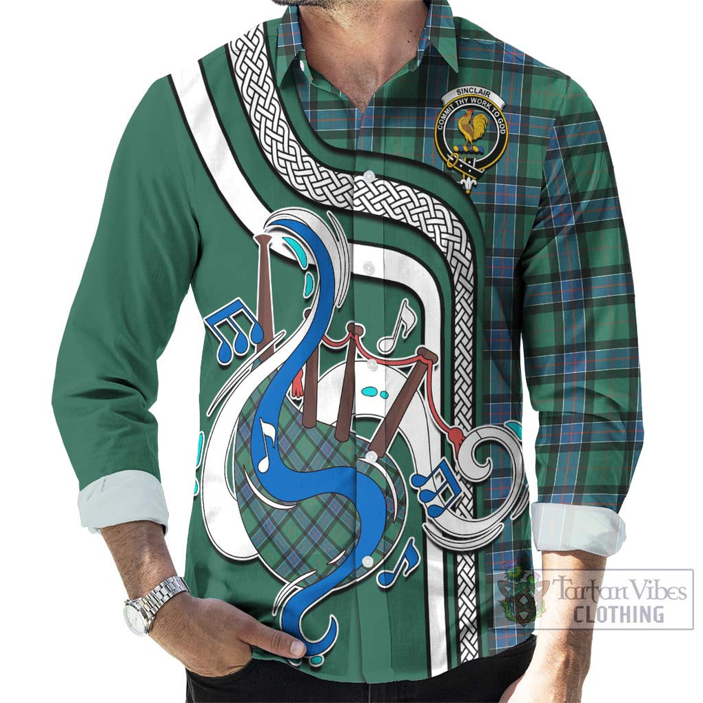 Sinclair Hunting Ancient Tartan Long Sleeve Button Shirt with Epic Bagpipe Style - Tartanvibesclothing Shop