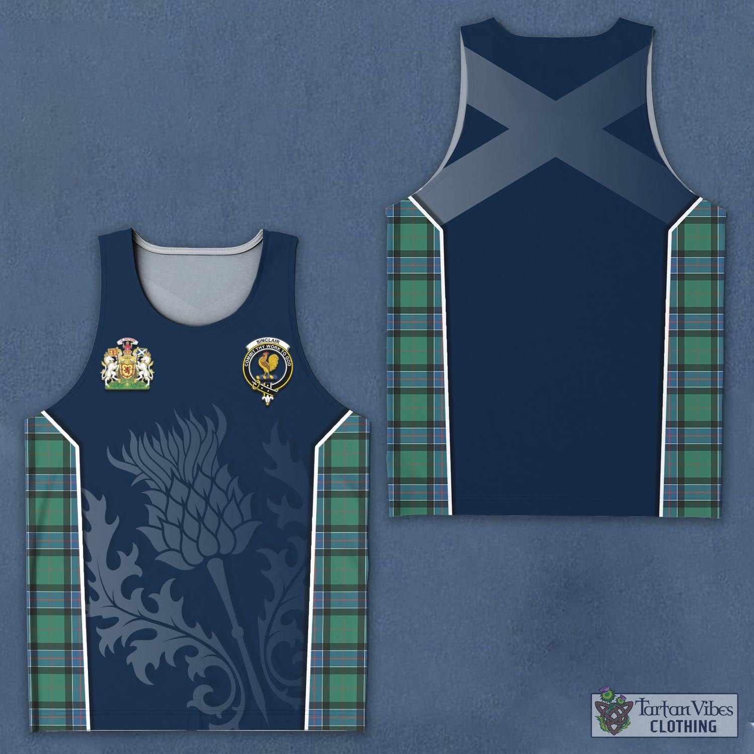 Tartan Vibes Clothing Sinclair Hunting Ancient Tartan Men's Tanks Top with Family Crest and Scottish Thistle Vibes Sport Style