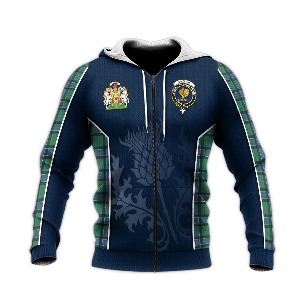 Tartan Vibes Clothing Sinclair Hunting Ancient Tartan Knitted Hoodie with Family Crest and Scottish Thistle Vibes Sport Style